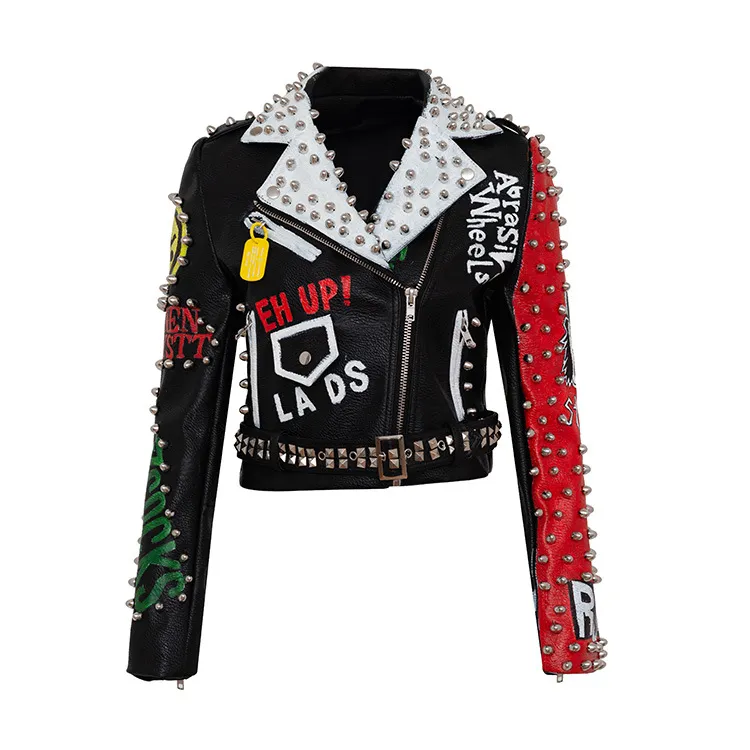 Personalized Graffiti Print Motorcycle Leather Jacket - Black