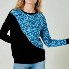 Casual Contrast Colour Stitching Leopard Print Sweater Women - Blue - View 1