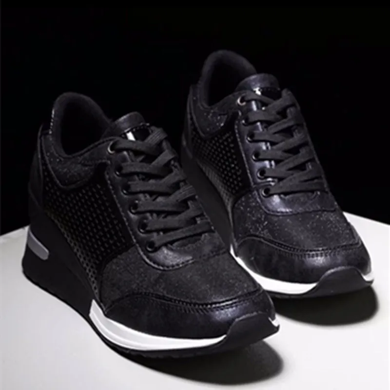 Lacing Sneakers With Platform Heels For Women - Black