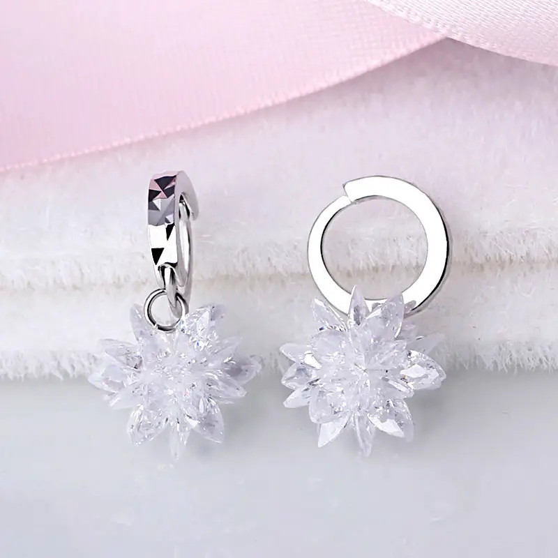 Silver Plated Ice Flower Ear Clasp Crystal Snowflake Pendant