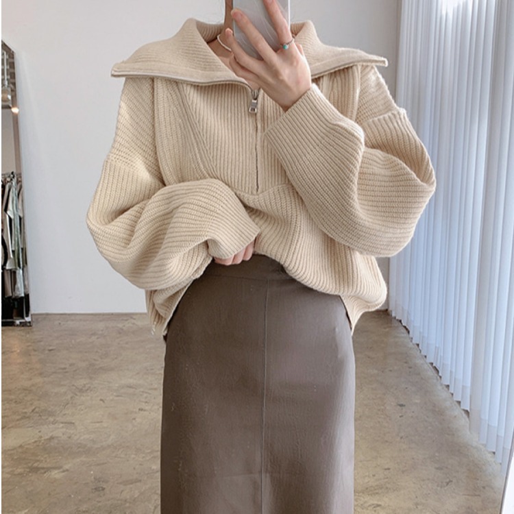 Two-Piece Female High Neck Zipper Sweater Skirt