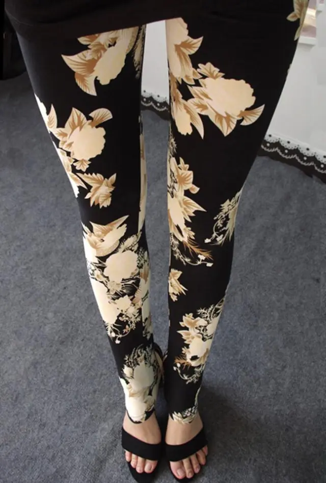 Ladies Casual Thin Printed Stretch Leggings Yellow - Shop at LoveMi