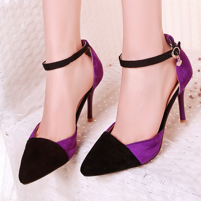 Pointed Suede Color Matching European And American Style Buckle Strap Stiletto Sexy Ladies Sandals