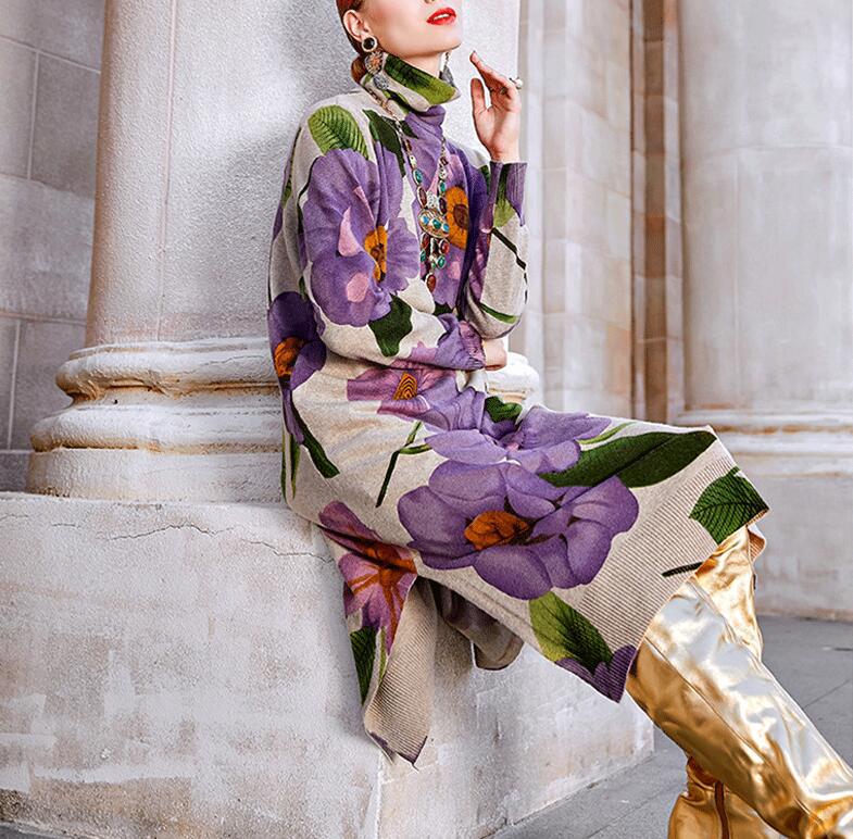 New Wool Temperament Big Flower Long Sleeve High Neck Knit Skirt