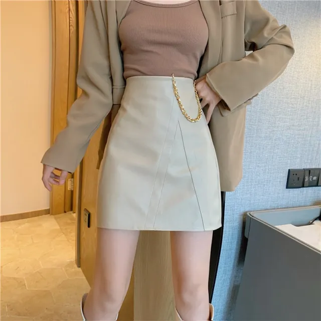 Fashion Casual Stitching High Belt Chain Thin A Line Leather Skirt Apricot - Shop at LoveMi