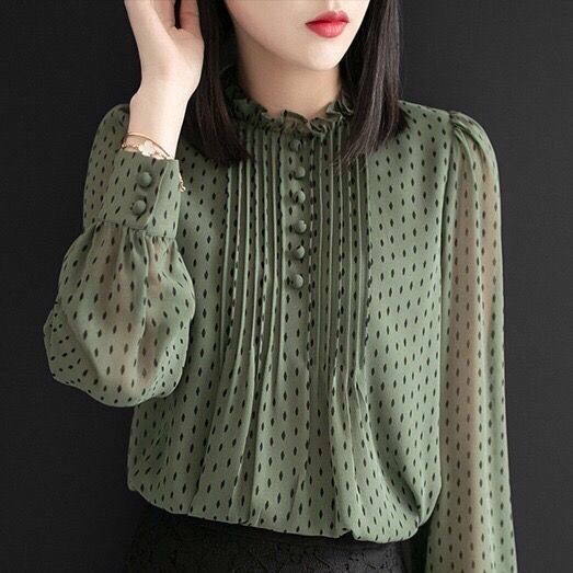 Western Chiffon Shirt Women's Long-Sleeved Loose Wood Ear Polka Dot Shirt