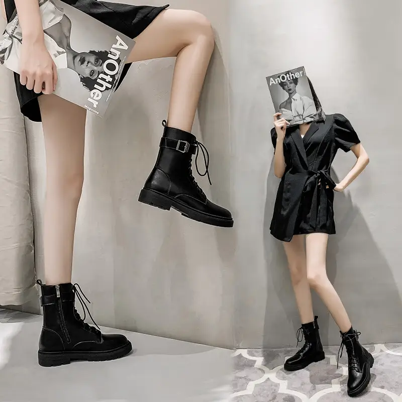 Flat Retro Motorcycle Style Lady Ankle Boots