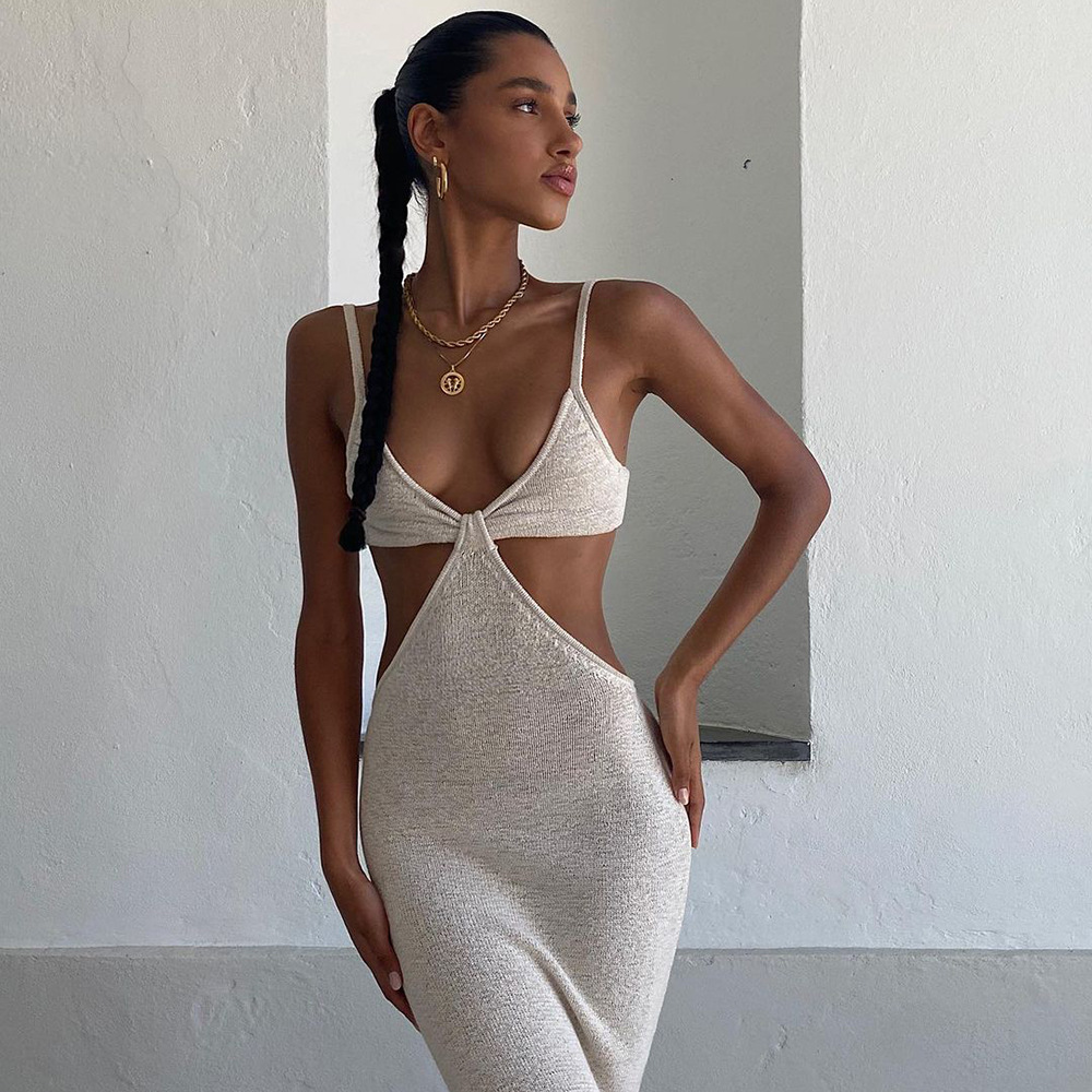 Spring and Summer Solid Color Suspender Backless Long Dress Bandage Dress Dress