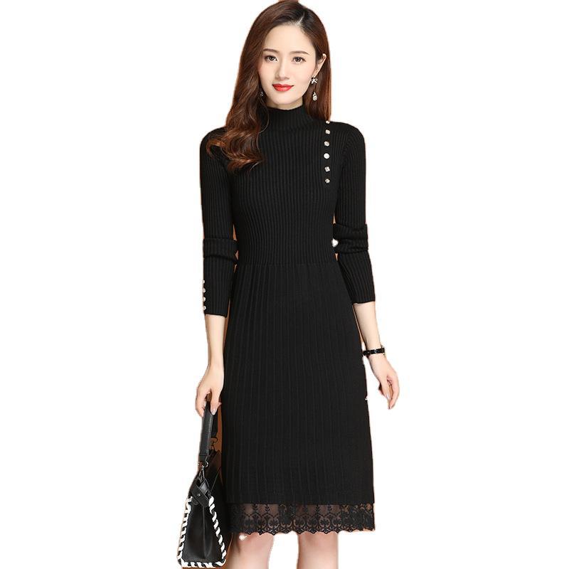 Autumn and Winter Long Semi High Neck Lace Bottomed Sweater