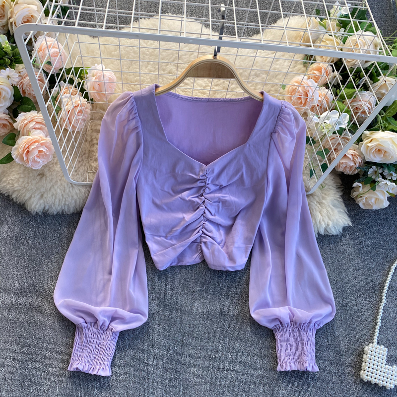 Square Collar With Exposed Collarbone And Pleated Lantern Sleeves