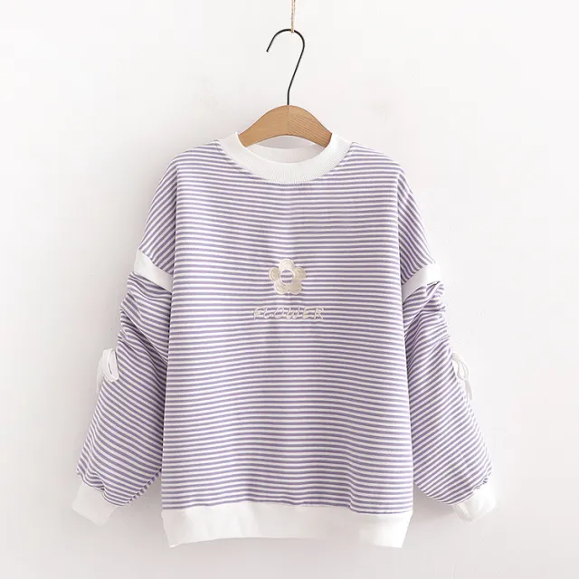 Simple, Small, Fresh, Long Sleeve And Velvet Striped Round Collar Sweater For Women Purple - Shop at LoveMi