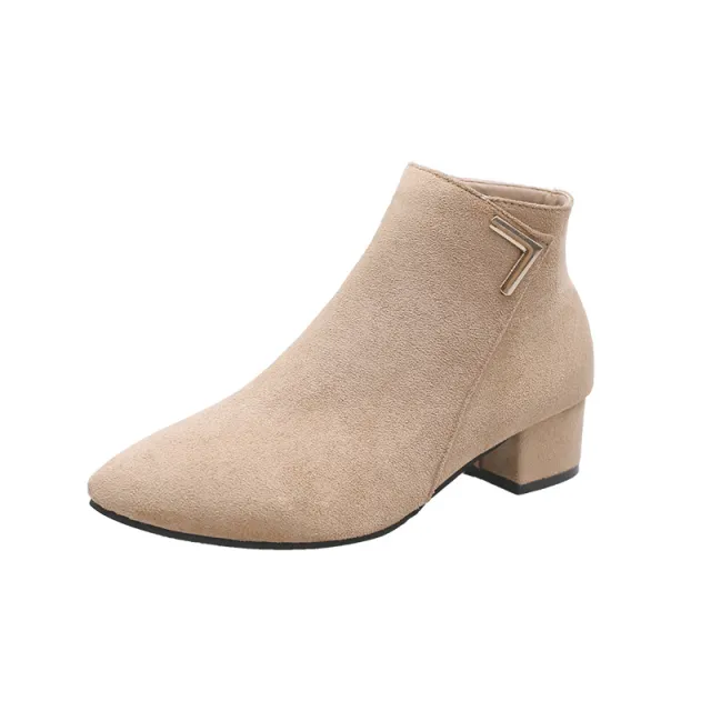Block Heel Suede Pointed Toe Low Heel Short Boots Camel - Shop at LoveMi