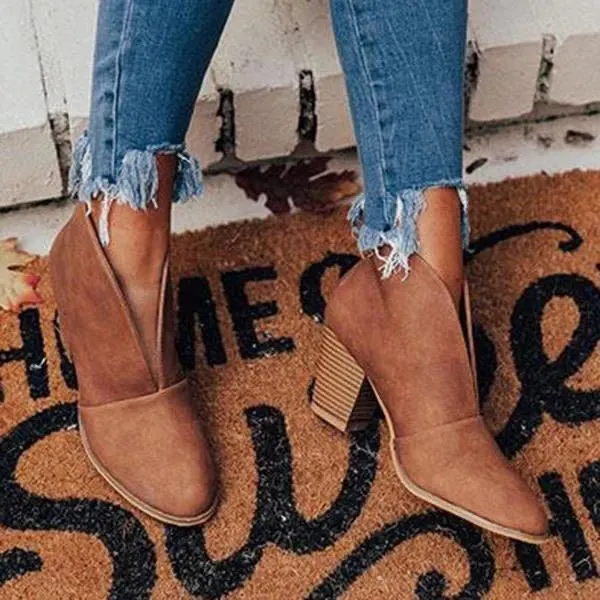 VNew Chunky Heel Thin Solid Color All match V mouth Shoes Brown - Shop at LoveMi