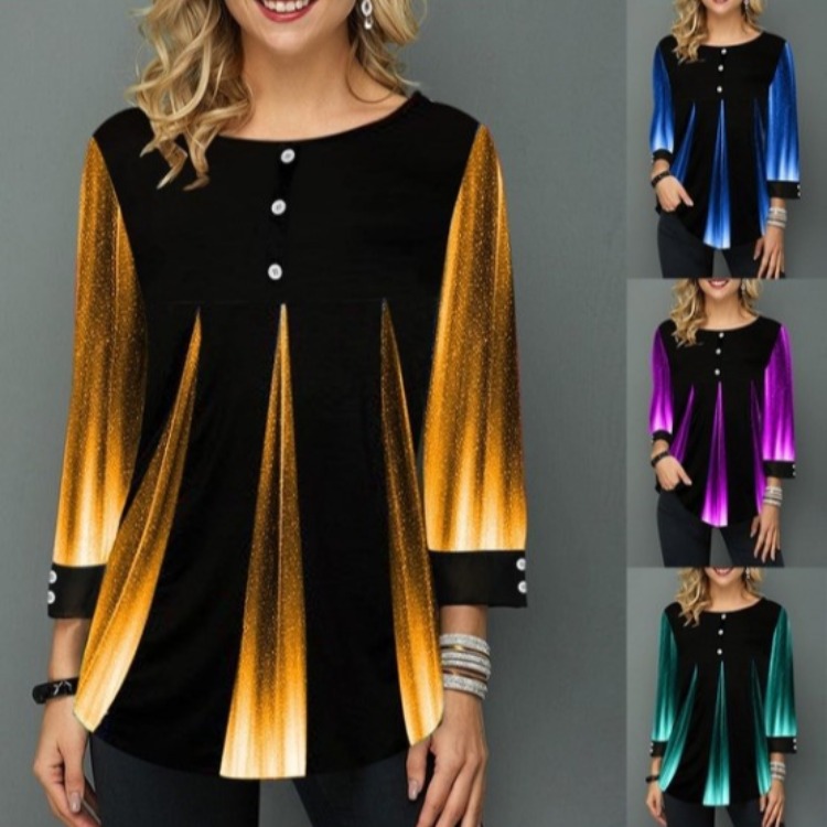 Gradient Printed Top Button Round Neck Nine-Sleeve Ladies Loose T-shirt