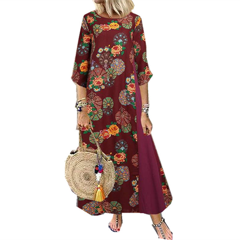 Cotton And Linen Printed Dress With Round Neck And Middle Sleeves