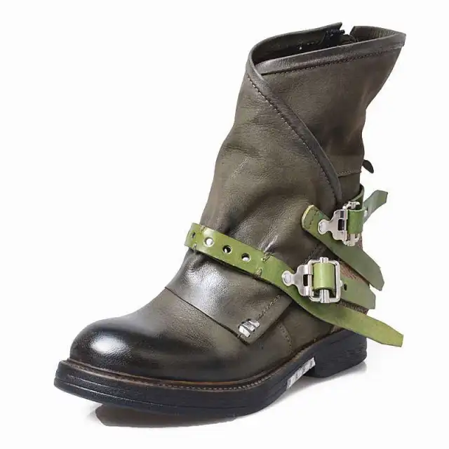 Belt Buckle Color Martin Boots PU Middle Cylinder Adhesive Rubber Shoes Green - Shop at LoveMi