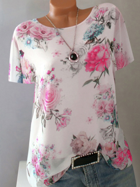 Oversized Women's Blouse, Loose Print Big Round Neck Half Sleeve T-Shirt