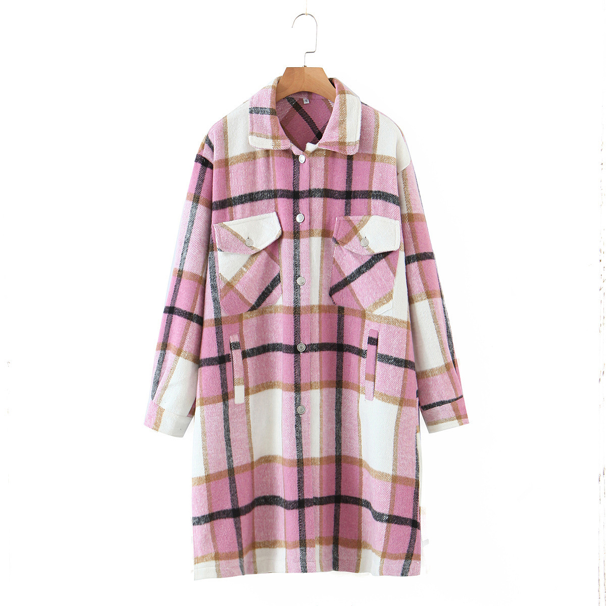 Long Windbreaker Jacket With Tweed Plaid Pockets Pink - Shop at LoveMi