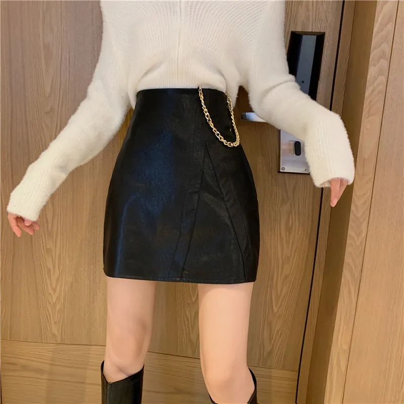 Fashion Casual Stitching High Belt Chain Thin A-Line Leather Skirt - Black