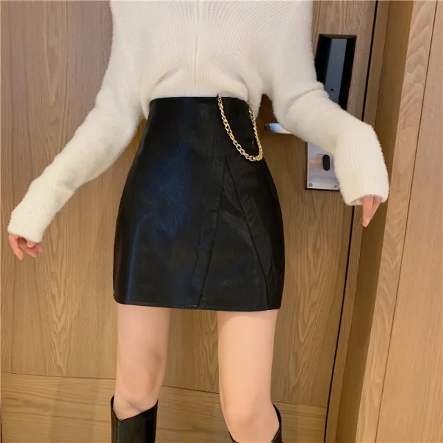 Fashion Casual Stitching High Belt Chain Thin A Line Leather Skirt Black - Shop at LoveMi