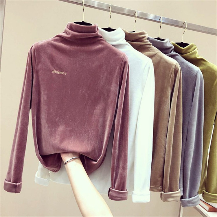Velvet T-shirt Ladies High Collar Long Sleeve Shirt