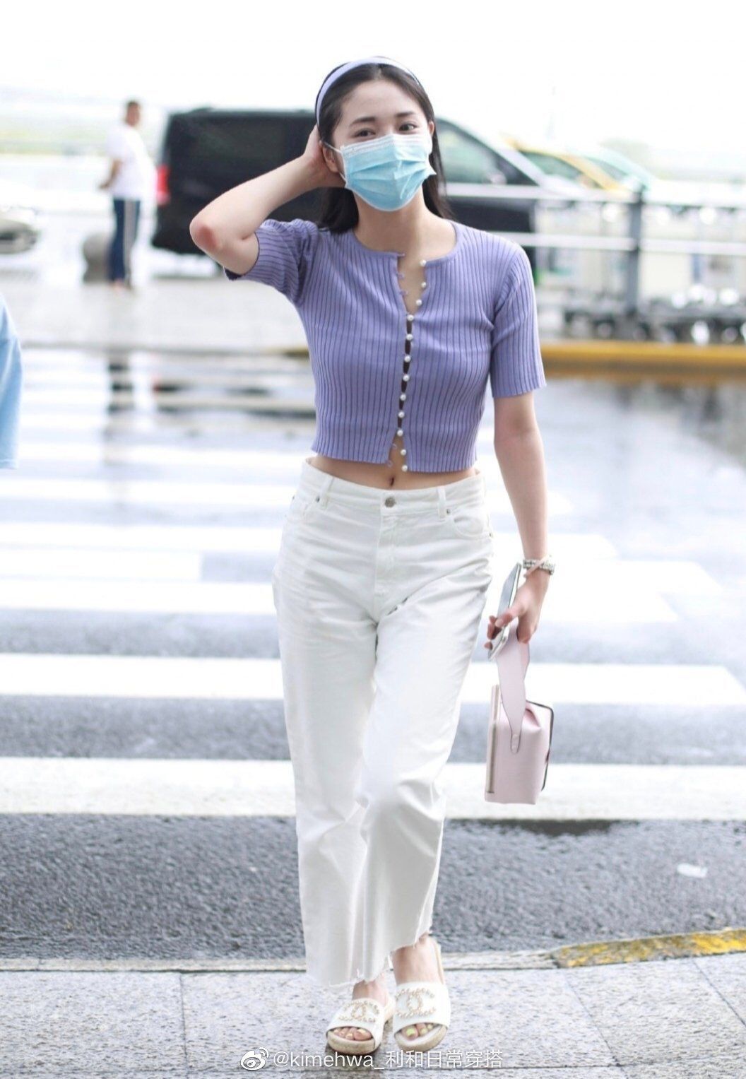 Purple Pearl Button Cropped Short-Sleeved Sweater Women's Summer Korean Style Slim Fit