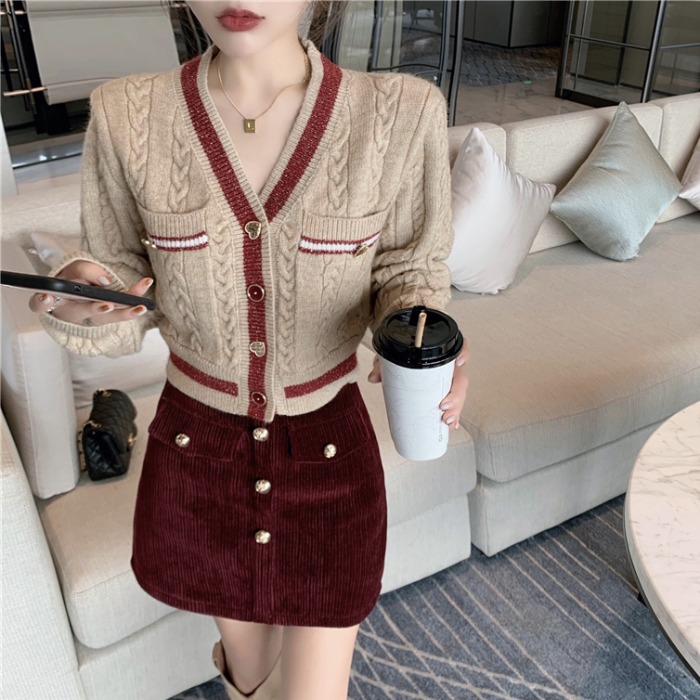 V-Neck Striped Knitted Cardigan Women's High Waist All-Match Wine Red Skirt Suiton