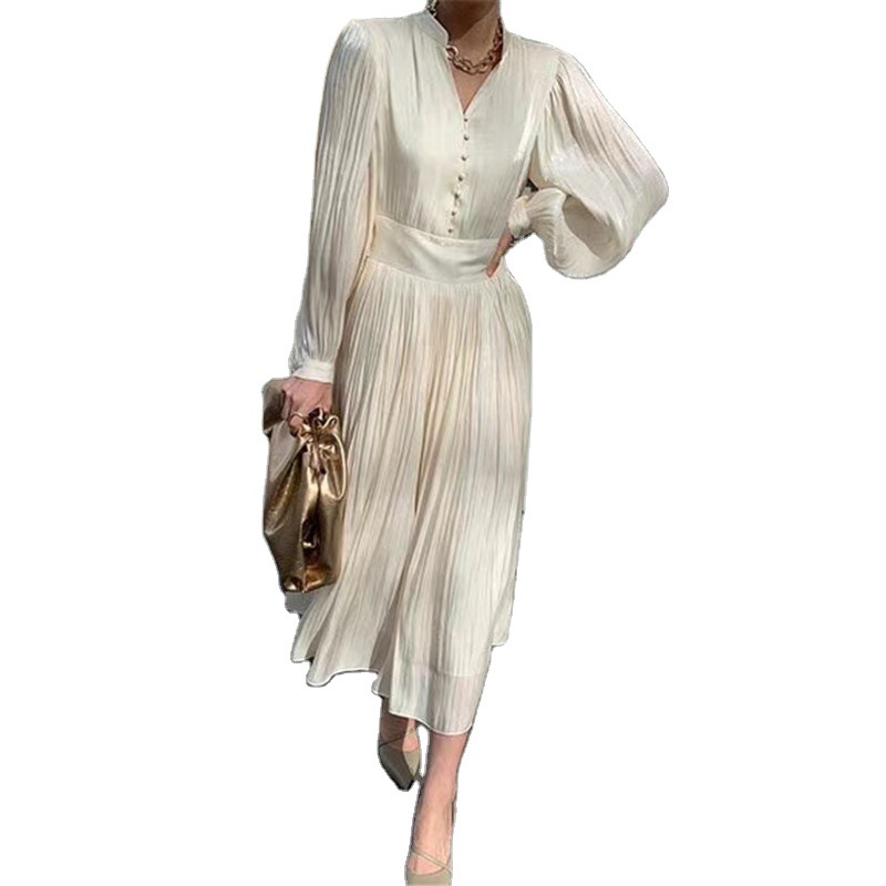 Fashion Stand-up Collar Mid-length Dress With Pleated Gloss