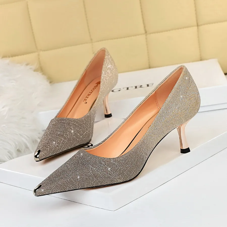 High Heels Stiletto High Heel Shallow Mouth Color Gradient Metal Pointed Toe Shoes - Champagne 6Cm-34