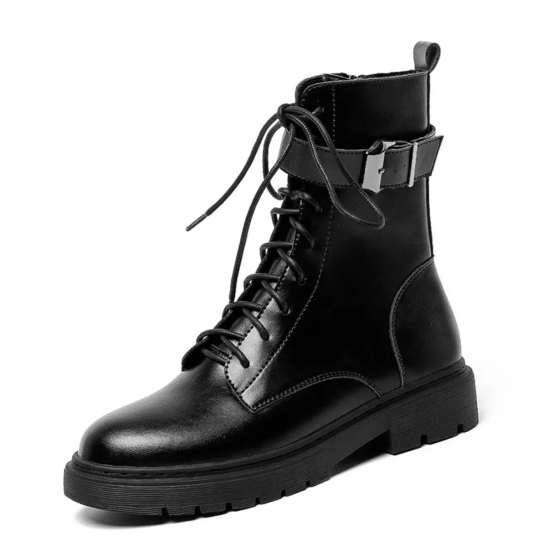 Flat Retro Motorcycle Style Lady Ankle Boots - Black