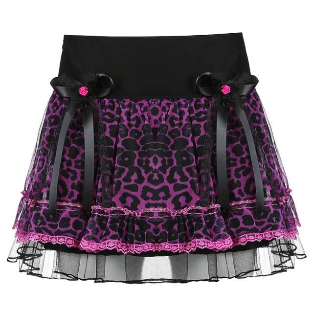 Tight Waist Leopard Print Lace Bow Umbrella Skirt A Line Skirt Women Pink - Shop at LoveMi