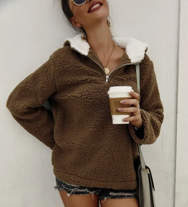 Plush Coat Zipper Hooded Sweater Warm Top Coffee - Shop at LoveMi