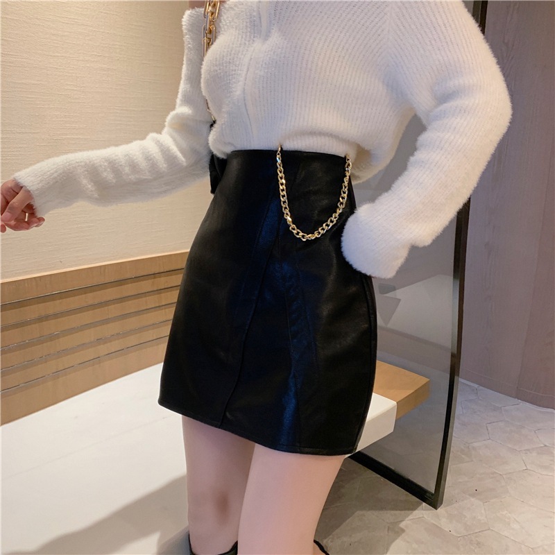 Fashion Casual Stitching High Belt Chain Thin A-Line Leather Skirt