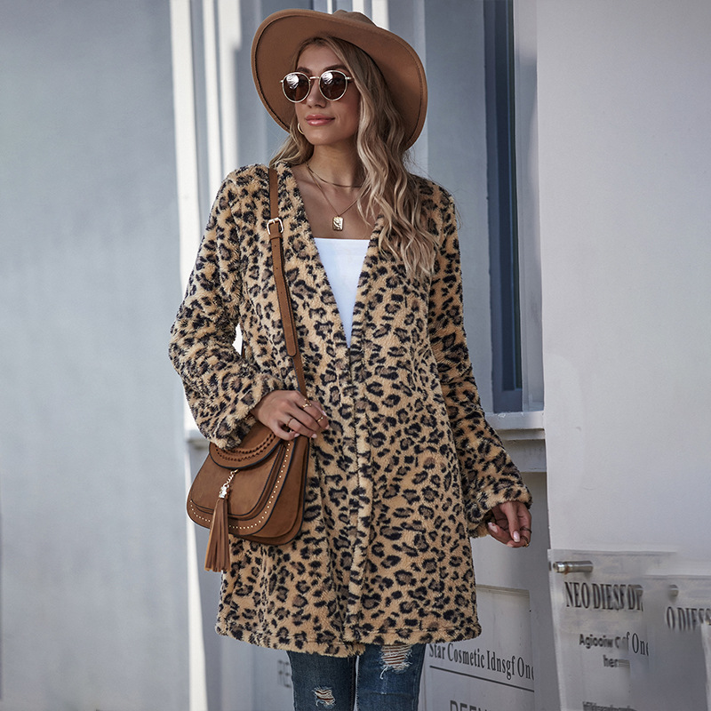 Ladies Leopard Print Open-front id-length coat