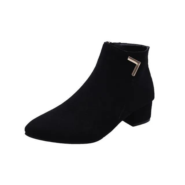Block Heel Suede Pointed Toe Low Heel Short Boots Black - Shop at LoveMi