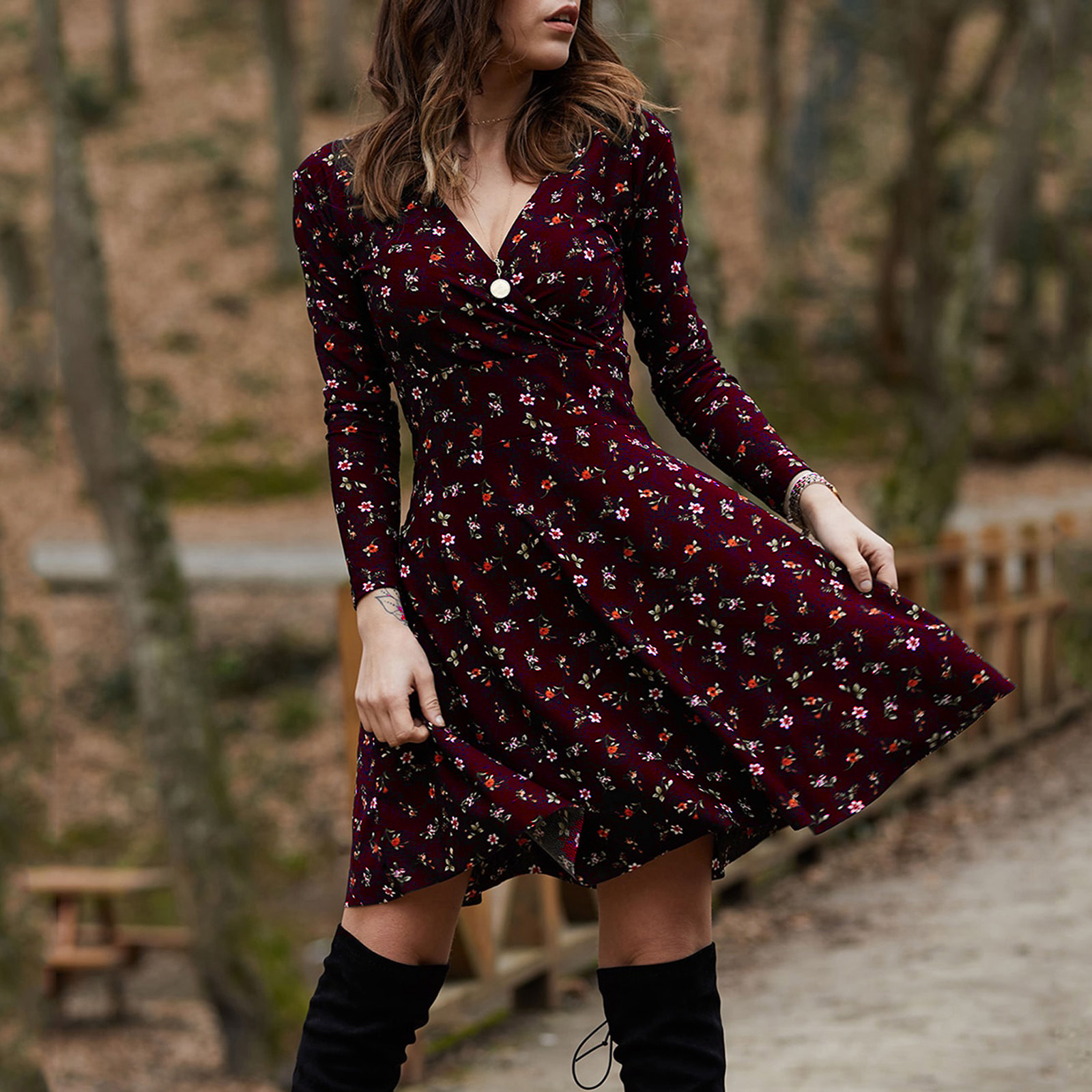 Long Sleeved Floral V-Neck Dress With Large Swing