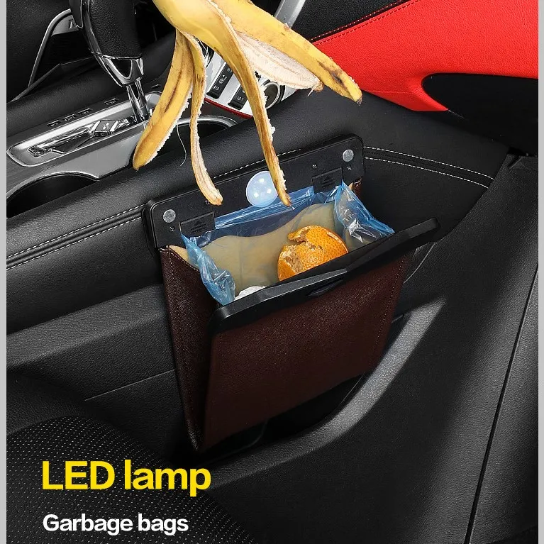 LED Car Trash Can Organizer Garbage Holder Automobiles Storage Bag Accessories Auto Door Seat Back Visor Trash Bin Paper Dustbin – image 2