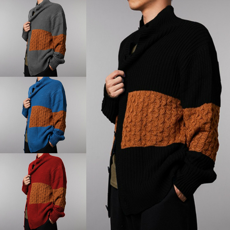 Men's Cardigan Long Sleeve Patchwork Knit Coat