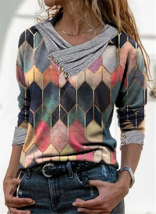 Women's Loose V-Neck Long Sleeve Printed T-shirt