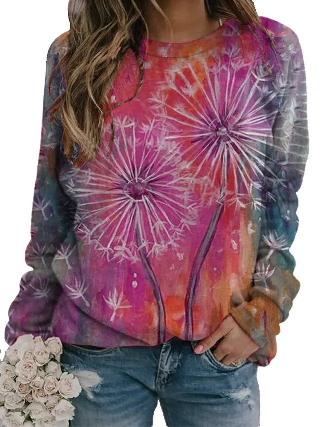 Loose Round Neck Tie Dyed Colorful 3D Printed Sweater Rose - Shop at LoveMi