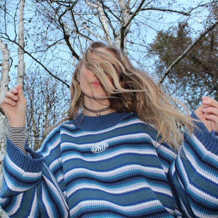Blue Striped Loose All-match Sweater Women