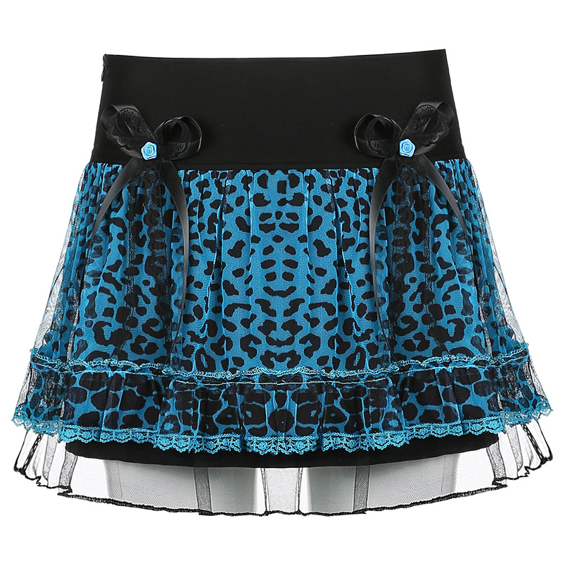 Tight Waist Leopard Print Lace Bow Umbrella Skirt A Line Skirt Women Blue - Shop at LoveMi