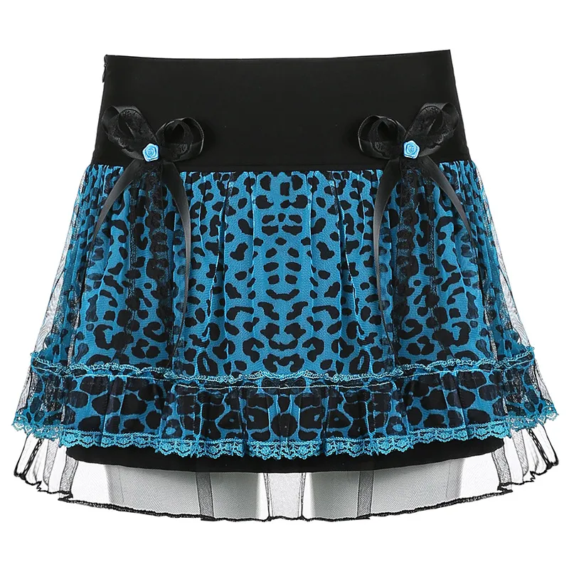 Tight Waist Leopard Print Lace Bow Umbrella Skirt A-Line Skirt Women - Blue