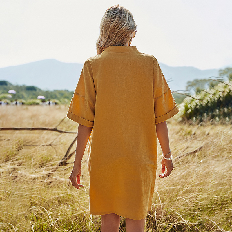 Yellow V-neck Leisure Loose Short Sleeve Dress
