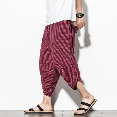 Men's Casual Plain Linen Cropped Trousers With Vertical Stripes