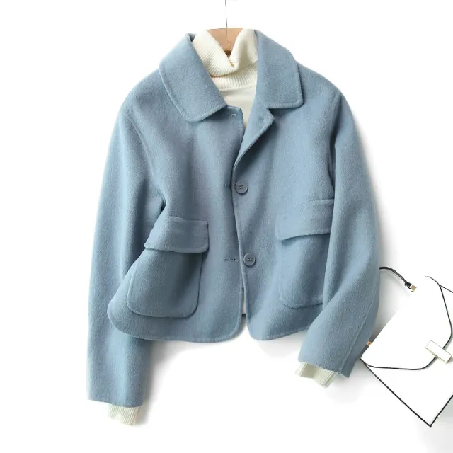 Fashion Pure Color Woolen Coat Women Short Blue - Shop at LoveMi