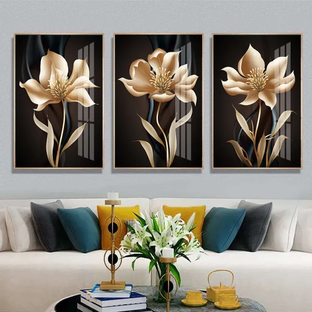 Abstract Black Gold Flower Wall Art Decoration Painting Frameless Painting Core Set Of Three - Shop at LoveMi