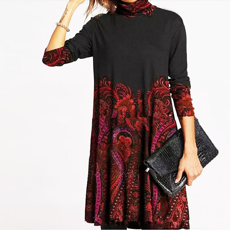 Digital Printing Casual Robe High Collar A-Line Dress For Ladies