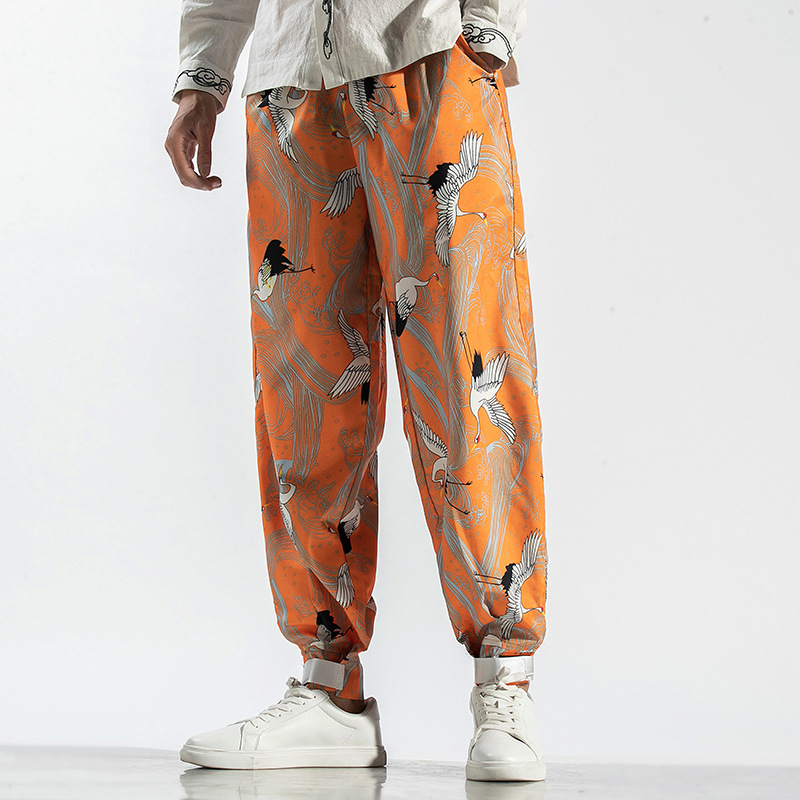 Fashionable Loose Chinese Style Crane Print Casual Pants