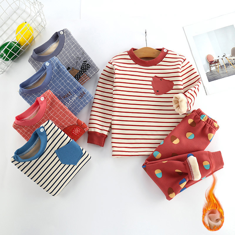 Children's Cotton And Velvet Thermal Underwear Set For Autumn And Winter